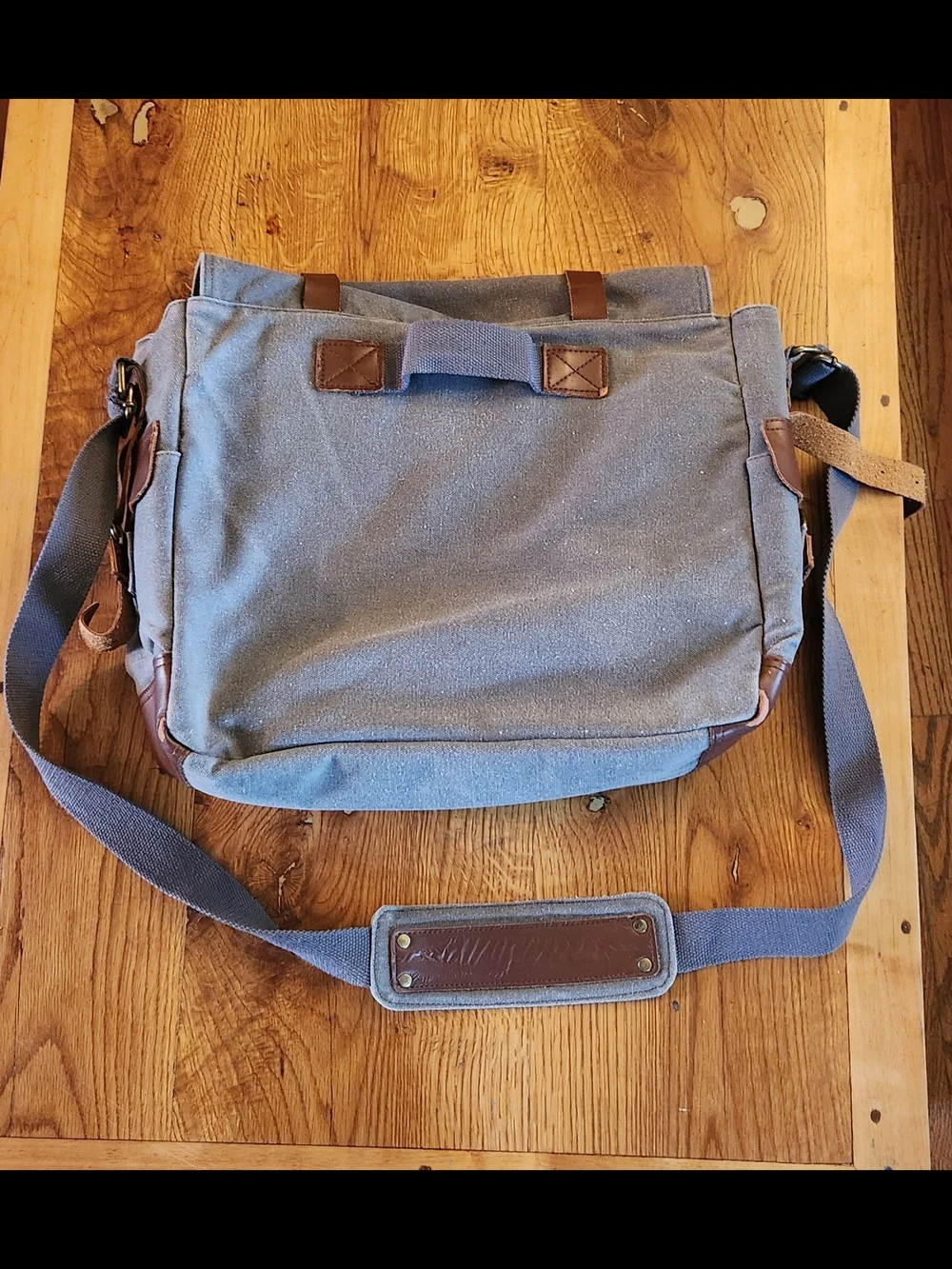 Canvas Messenger Bag with Brown Leather Trim - Gray Men's Shoulder Bag